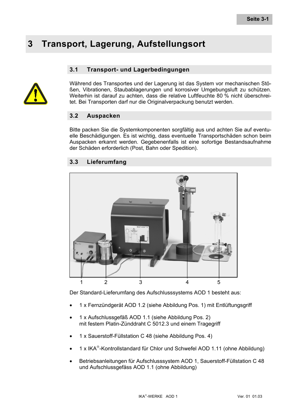 Transport, lagerung, aufstellungsort, Transport- und lagerbedingungen, Auspacken | Lieferumfang, Transport, lagerung, aufstellungsort -1, Transport- und lagerbedingungen -1, Auspacken -1, Lieferumfang -1, 3 transport, lagerung, aufstellungsort | IKA AOD 1 User Manual | Page 15 / 142