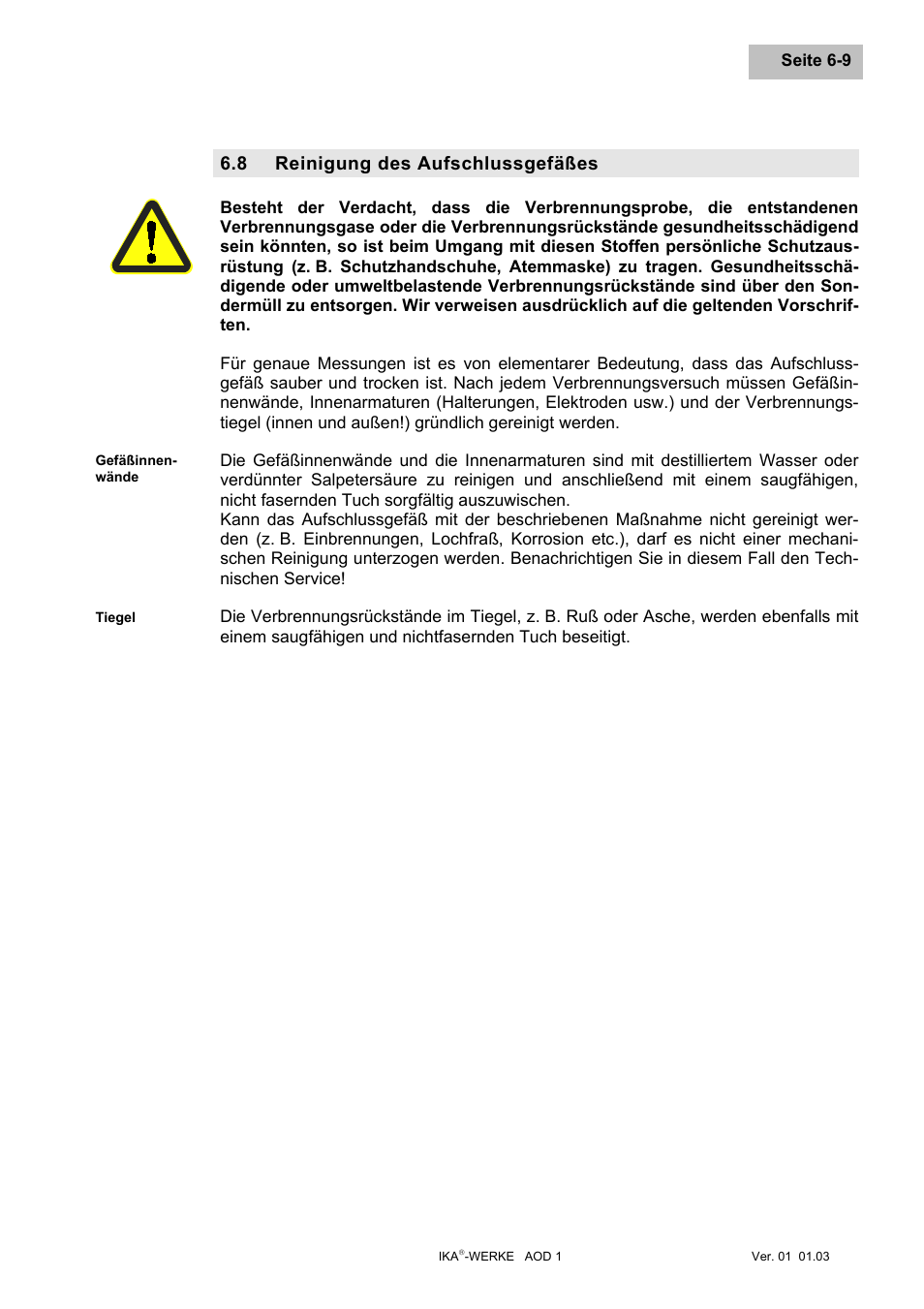 Reinigung des aufschlussgefäßes, Reinigung des aufschlussgefäßes -9, 8 reinigung des aufschlussgefäßes | IKA AOD 1 User Manual | Page 29 / 142