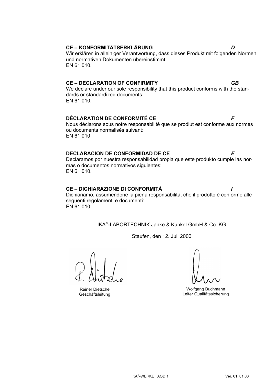 Ce – konformitätserklärung, Ce – declaration of conformity, Déclaration de conformité ce | Declaration de conformidad de ce, Ce – dichiarazione di conformità | IKA AOD 1 User Manual | Page 3 / 142