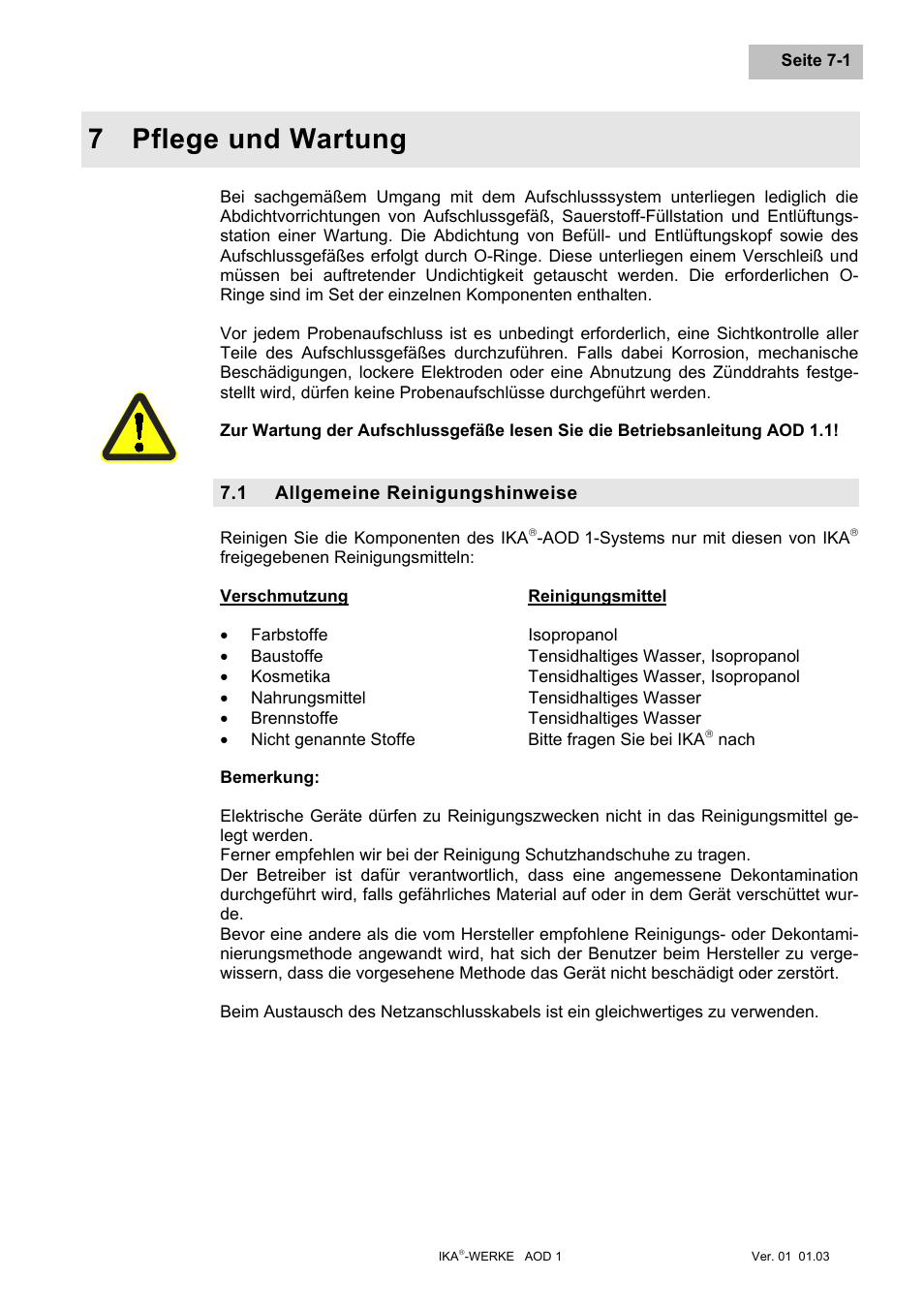 Pflege und wartung, Allgemeine reinigungshinweise, Pflege und wartung -1 | Allgemeine reinigungshinweise -1, 7 pflege und wartung | IKA AOD 1 User Manual | Page 31 / 142