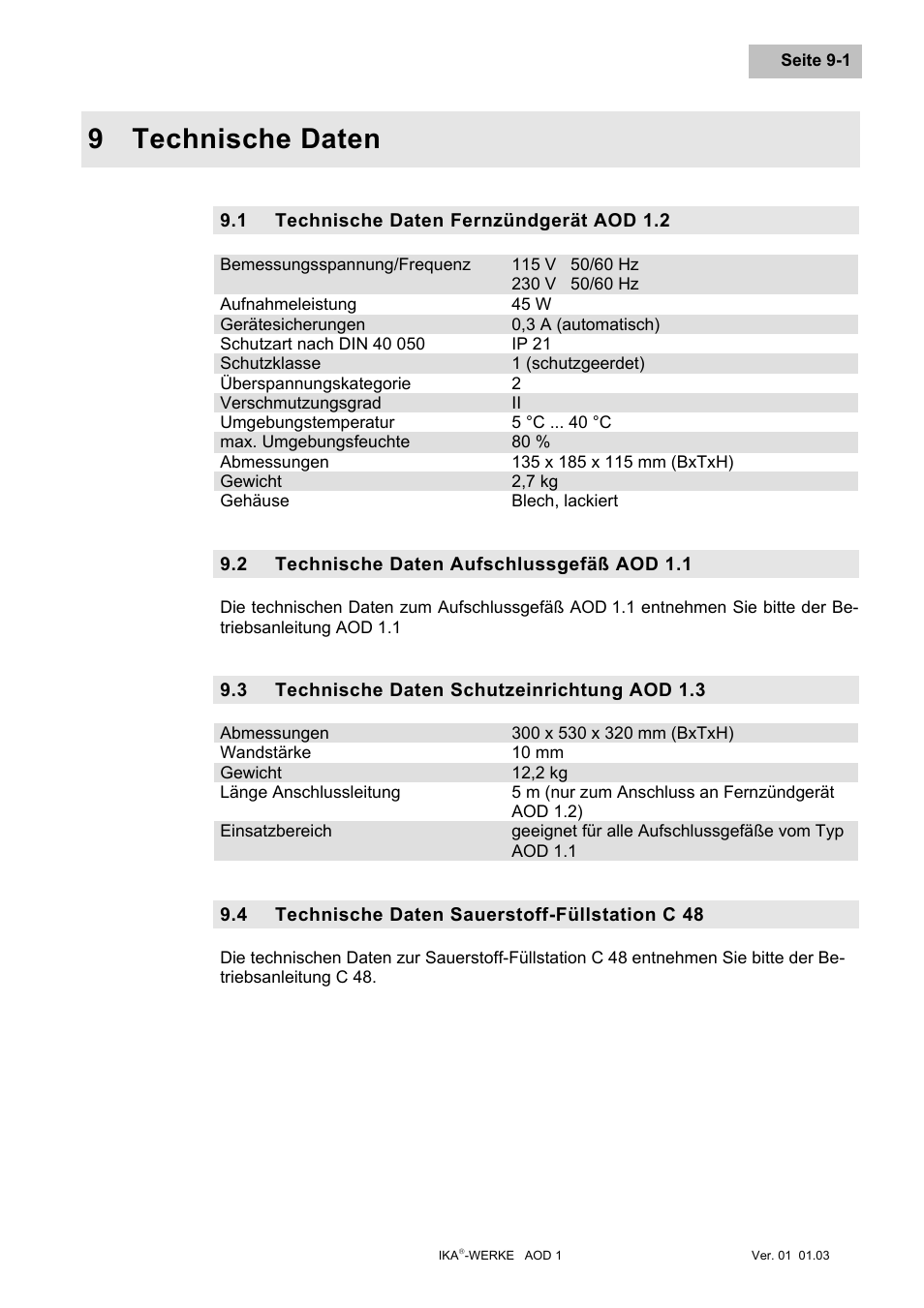 Technische daten, Technische daten fernzündgerät aod 1.2, Technische daten aufschlussgefäß aod 1.1 | Technische daten schutzeinrichtung aod 1.3, Technische daten sauerstoff-füllstation c 48, Technische daten -1, Technische daten fernzündgerät aod 1.2 -1, Technische daten aufschlussgefäß aod 1.1 -1, Technische daten schutzeinrichtung aod 1.3 -1, Technische daten sauerstoff-füllstation c 48 -1 | IKA AOD 1 User Manual | Page 35 / 142