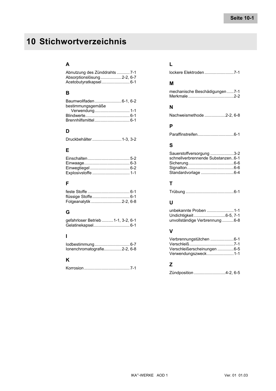 Stichwortverzeichnis, Stichwortverzeichnis -1, 10 stichwortverzeichnis | IKA AOD 1 User Manual | Page 37 / 142