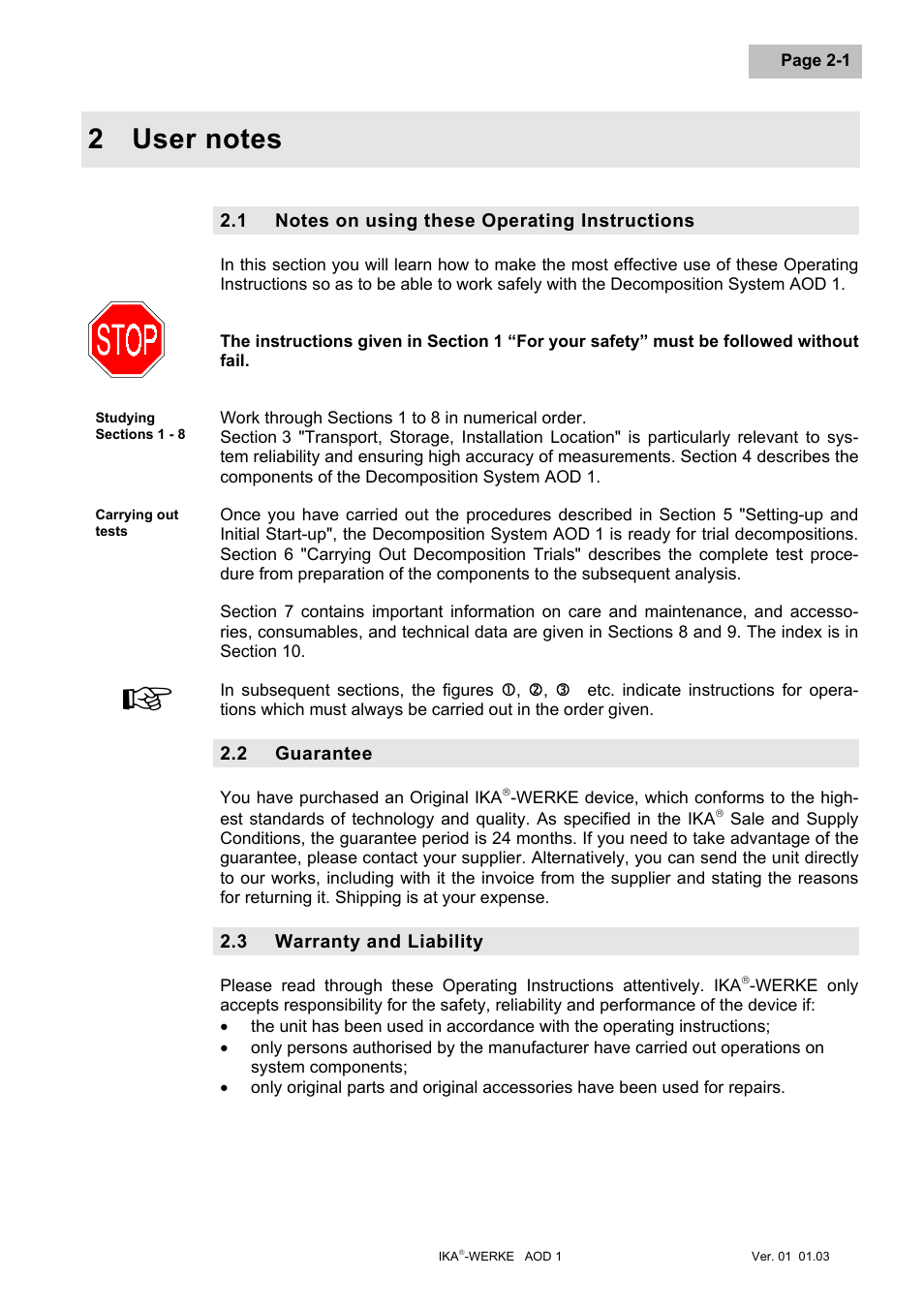 User notes, Notes on using these operating instructions, Guarantee | Warranty and liability, User notes -1, Notes on using these operating instructions -1, Guarantee -1, Warranty and liability -1 | IKA AOD 1 User Manual | Page 46 / 142