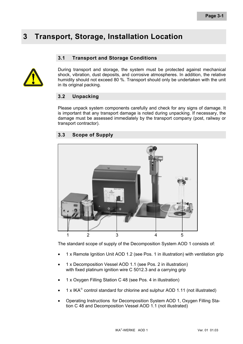 Transport, storage, installation location, Transport and storage conditions, Unpacking | Scope of supply, Transport, storage, installation location -1, Transport and storage conditions -1, Unpacking -1, Scope of supply -1, 3 transport, storage, installation location | IKA AOD 1 User Manual | Page 48 / 142