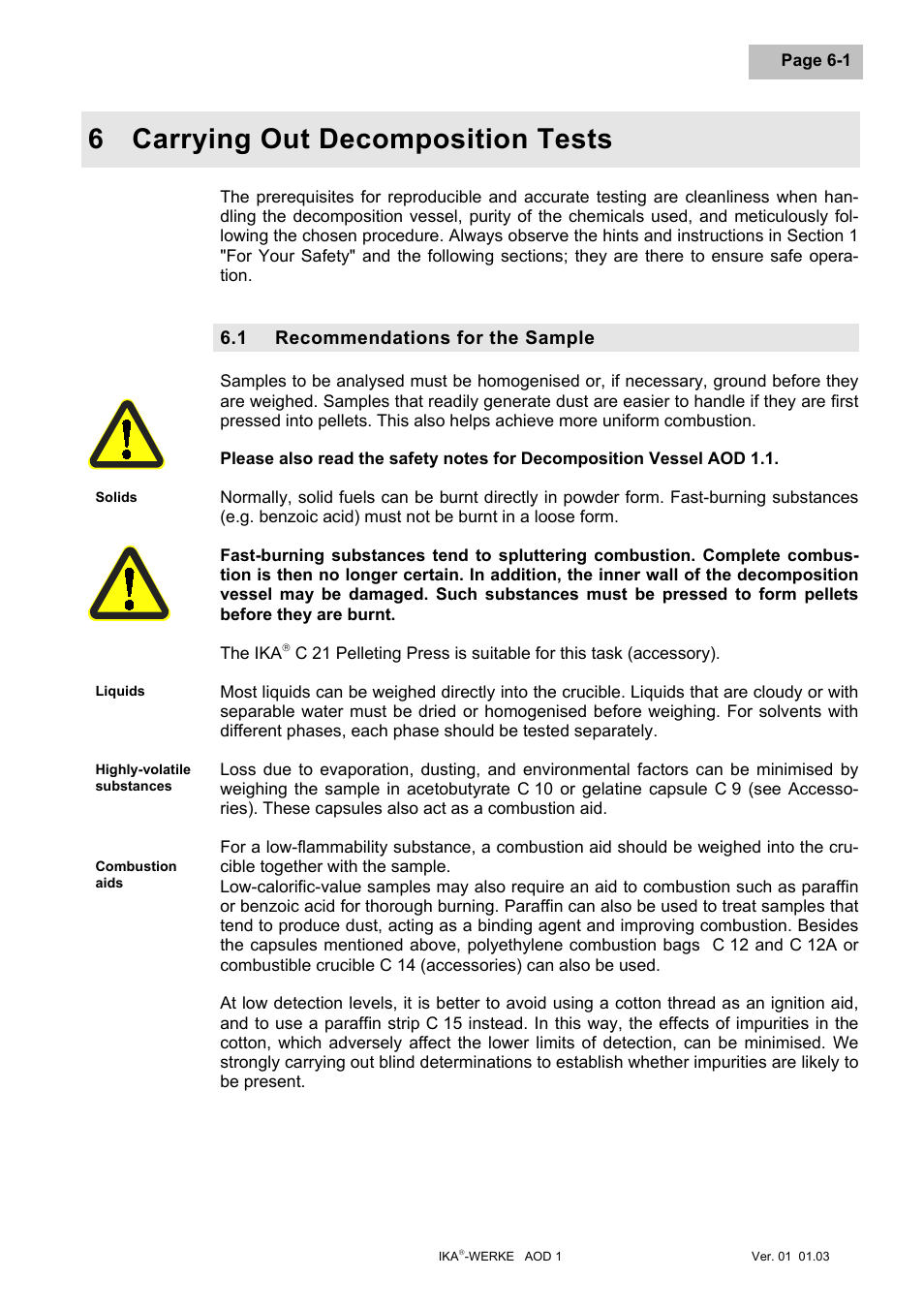 Carrying out decomposition tests, Recommendations for the sample, Carrying out decomposition tests -1 | Recommendations for the sample -1, 6 carrying out decomposition tests | IKA AOD 1 User Manual | Page 54 / 142