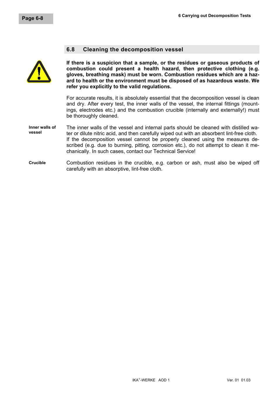 Cleaning the decomposition vessel, Cleaning the decomposition vessel -8, 8 cleaning the decomposition vessel | IKA AOD 1 User Manual | Page 61 / 142