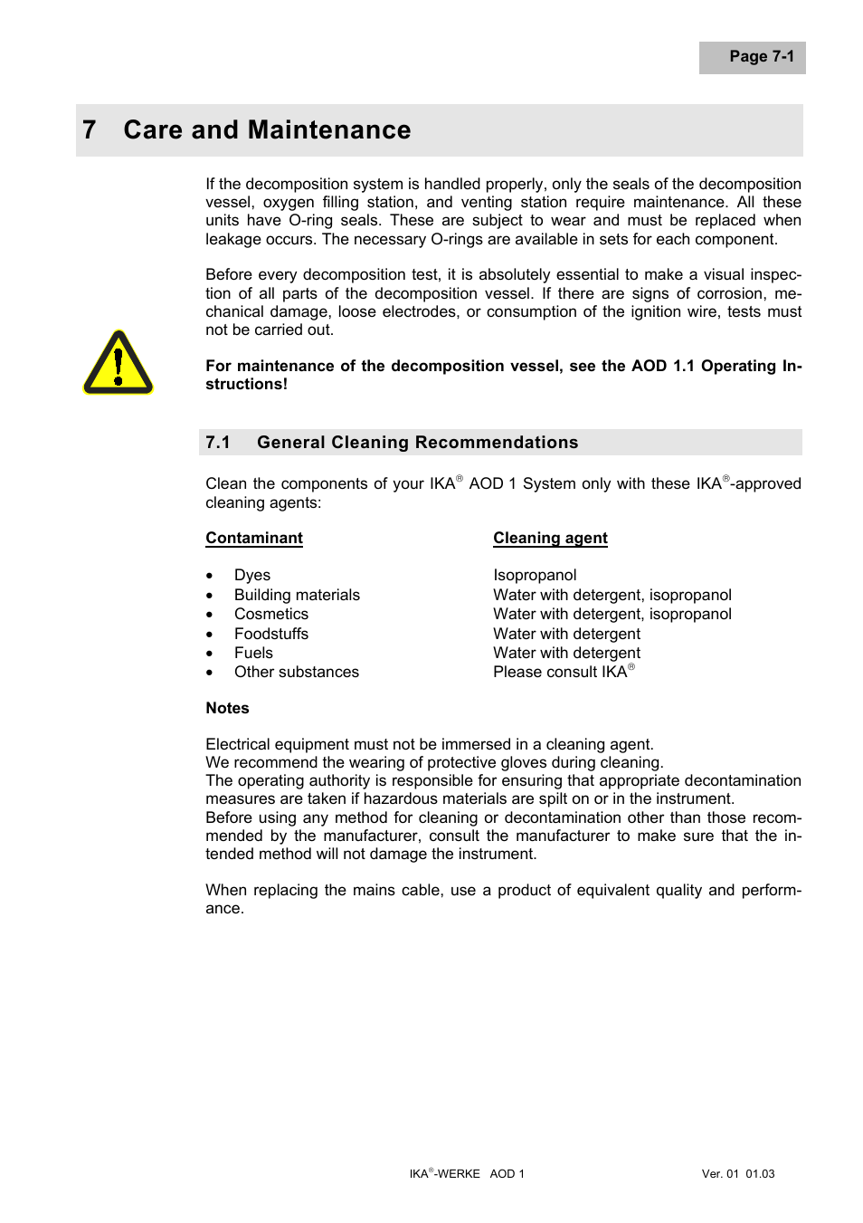 Care and maintenance, General cleaning recommendations, Care and maintenance -1 | General cleaning recommendations -1, 7 care and maintenance | IKA AOD 1 User Manual | Page 62 / 142