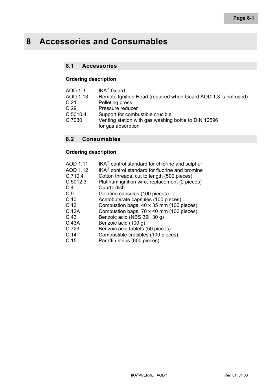 Accessories and consumables, Accessories, Consumables | Accessories and consumables -1, Accessories -1, Consumables -1, 8 accessories and consumables | IKA AOD 1 User Manual | Page 64 / 142