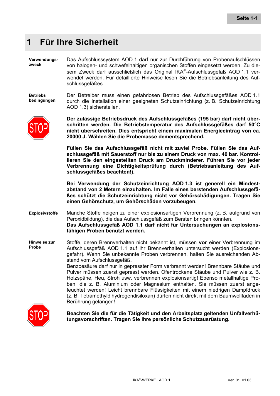 Für ihre sicherheit, Für ihre sicherheit -1, 1 für ihre sicherheit | IKA AOD 1 User Manual | Page 9 / 142