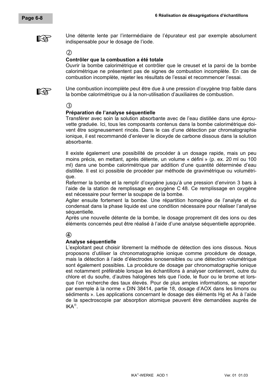 Contrôler que la combustion a été totale, Préparation de l’analyse séquentielle, Analyse séquentielle | IKA AOD 1 User Manual | Page 94 / 142