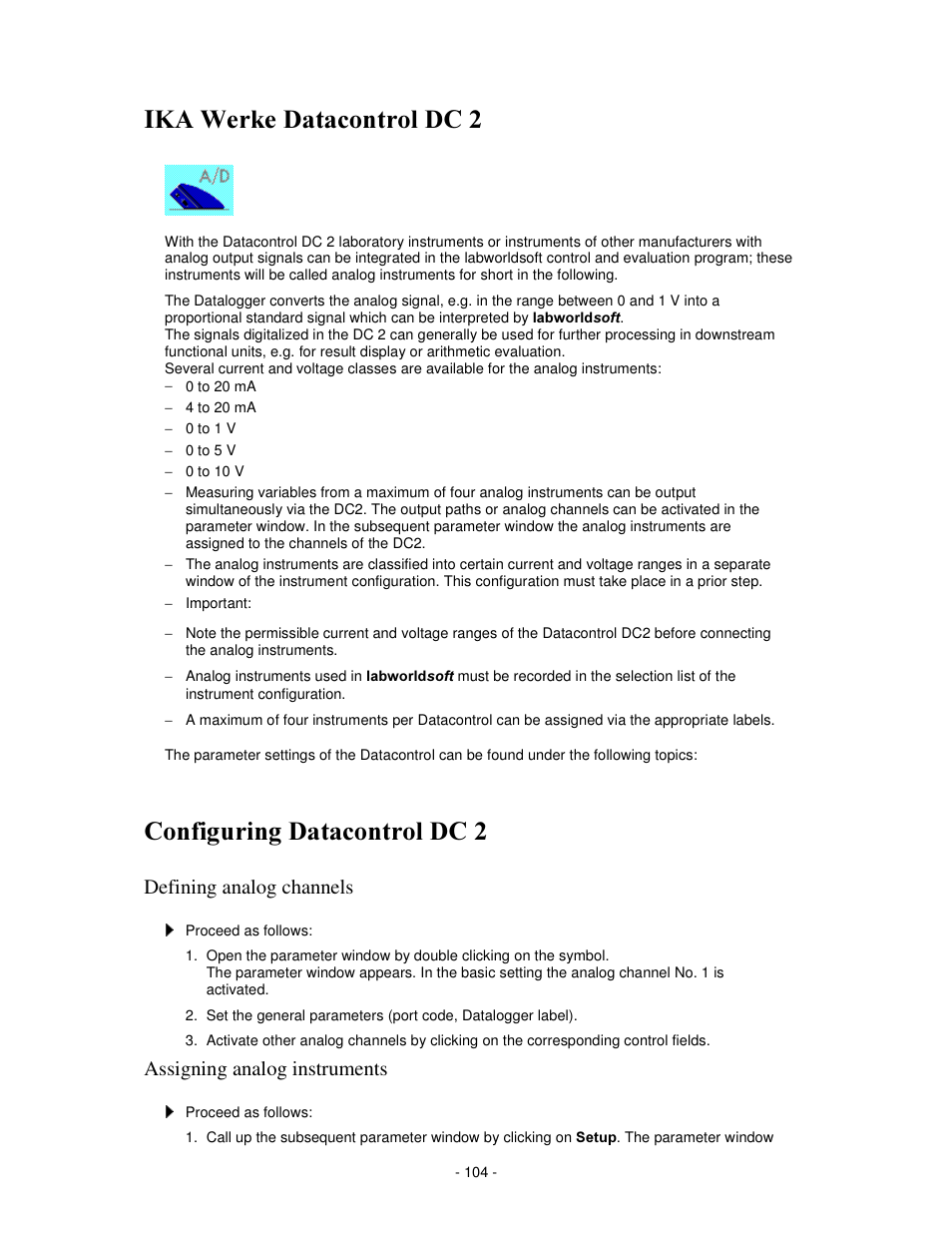 Hunh 'dwdfrqwuro, Rqiljxulqj 'dwdfrqwuro, Defining analog channels | Assigning analog instruments | IKA labworldsoft User Manual | Page 104 / 158