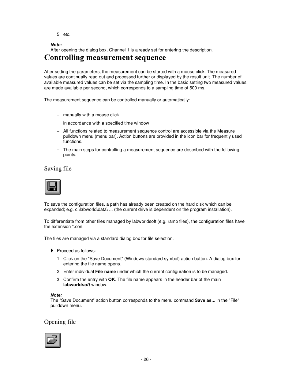 Rqwuroolqj phdvxuhphqw vhtxhqfh, Saving file, Opening file | IKA labworldsoft User Manual | Page 26 / 158