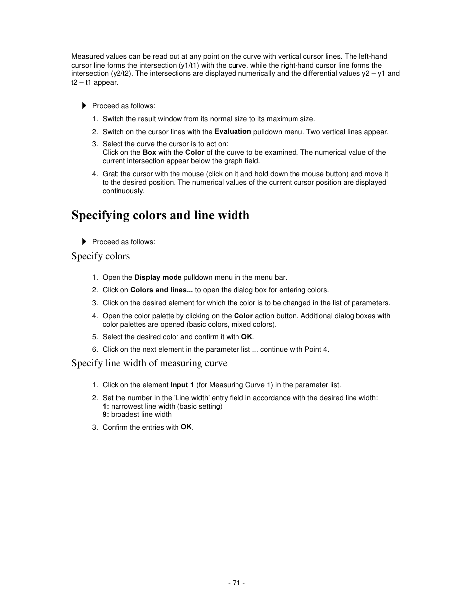 6shfli\lqj froruv dqg olqh zlgwk, Specify colors, Specify line width of measuring curve | IKA labworldsoft User Manual | Page 71 / 158