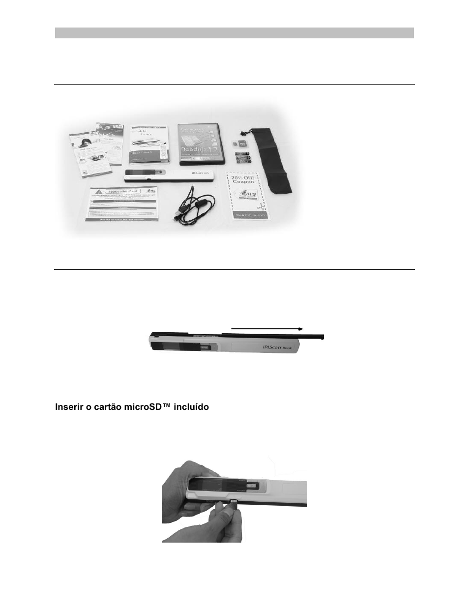 Verificar os acessórios, Preparar o scanner, Inserir as baterias incluídas | Inserir o cartão microsd™ incluído | I.R.I.S. IRISCan Book 3 User Manual | Page 80 / 201