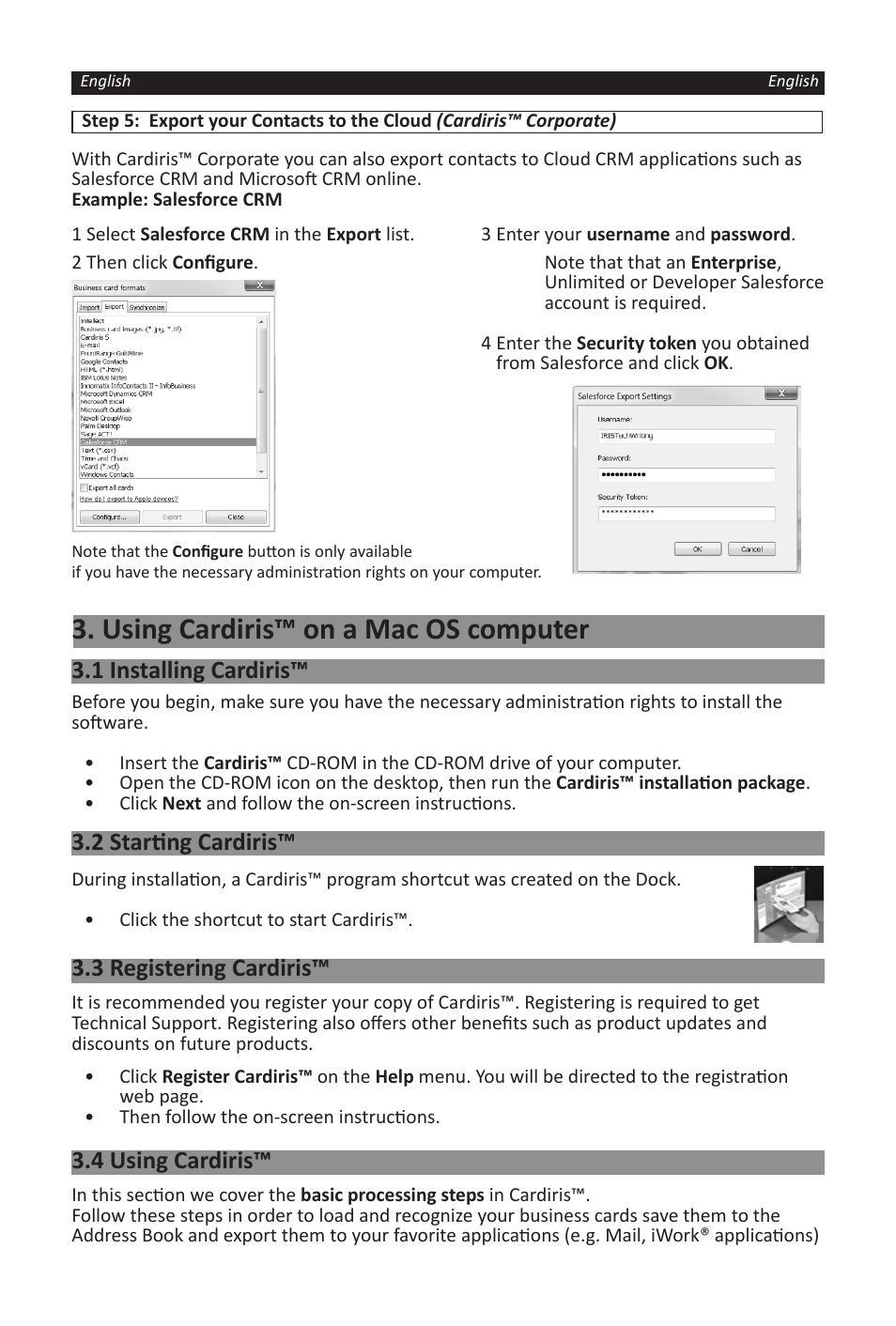 Using cardiris™ on a mac os computer, 1 installing cardiris, 2 starting cardiris | 3 registering cardiris, 4 using cardiris | I.R.I.S. IRISCard Corporate 5 User Manual | Page 5 / 9