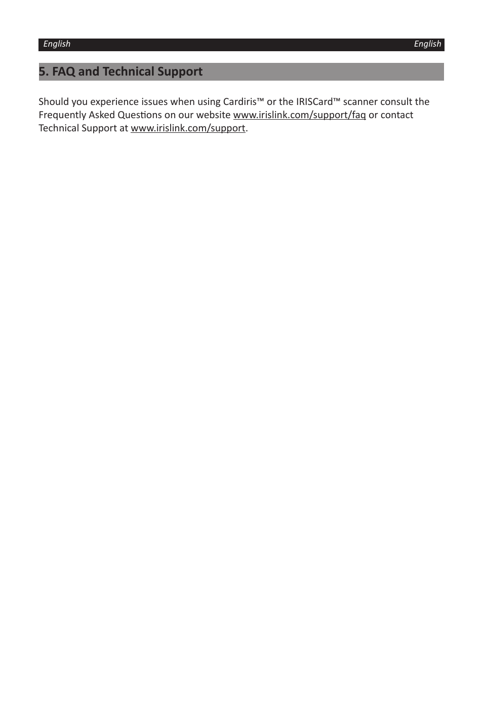 Faq and technical support | I.R.I.S. IRISCard Corporate 5 User Manual | Page 9 / 9