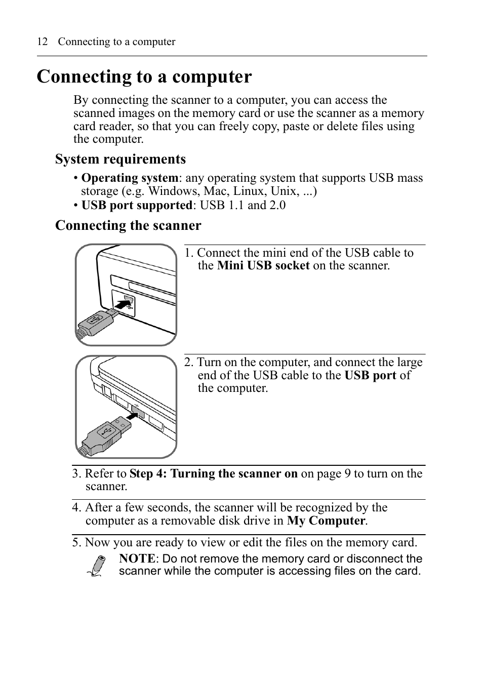Connecting to a computer, System requirements, Connecting the scanner | I.R.I.S. RISCard Anywhere User Manual | Page 15 / 25