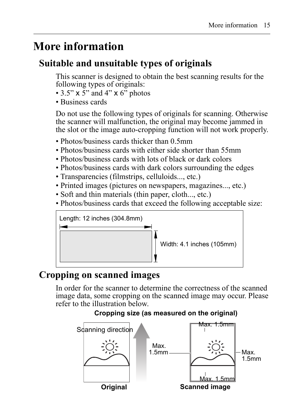 More information, Suitable and unsuitable types of originals, Cropping on scanned images | I.R.I.S. RISCard Anywhere User Manual | Page 18 / 25