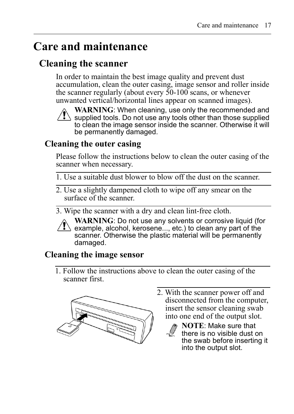 Care and maintenance, Cleaning the scanner, Cleaning the outer casing | Cleaning the image sensor | I.R.I.S. RISCard Anywhere User Manual | Page 20 / 25