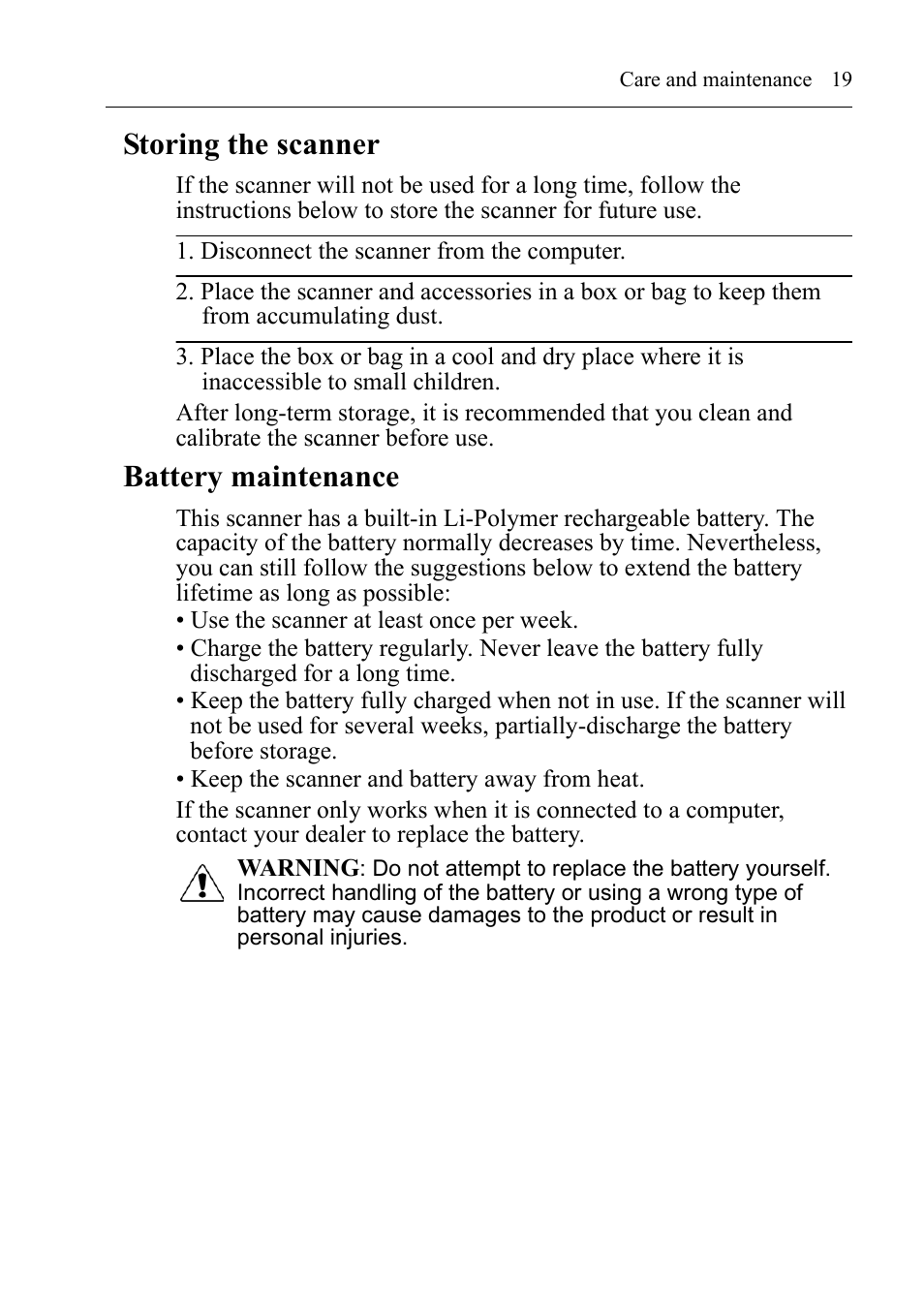 Storing the scanner, Battery maintenance | I.R.I.S. RISCard Anywhere User Manual | Page 22 / 25