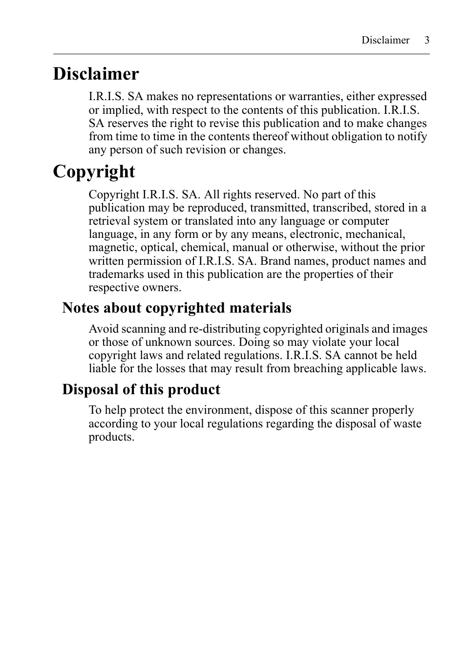 Disclaimer, Copyright, Disposal of this product | I.R.I.S. RISCard Anywhere User Manual | Page 6 / 25