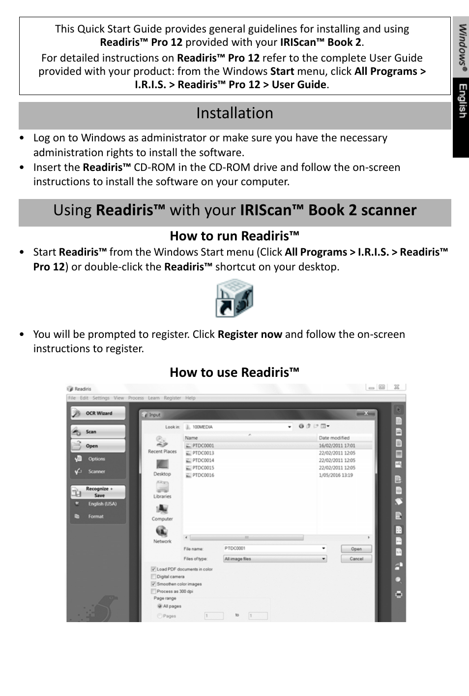 Quick start guide, How to run readiris, How to use readiris | I.R.I.S. IRISCan Book 2 Executive for Windows User Manual | Page 2 / 37