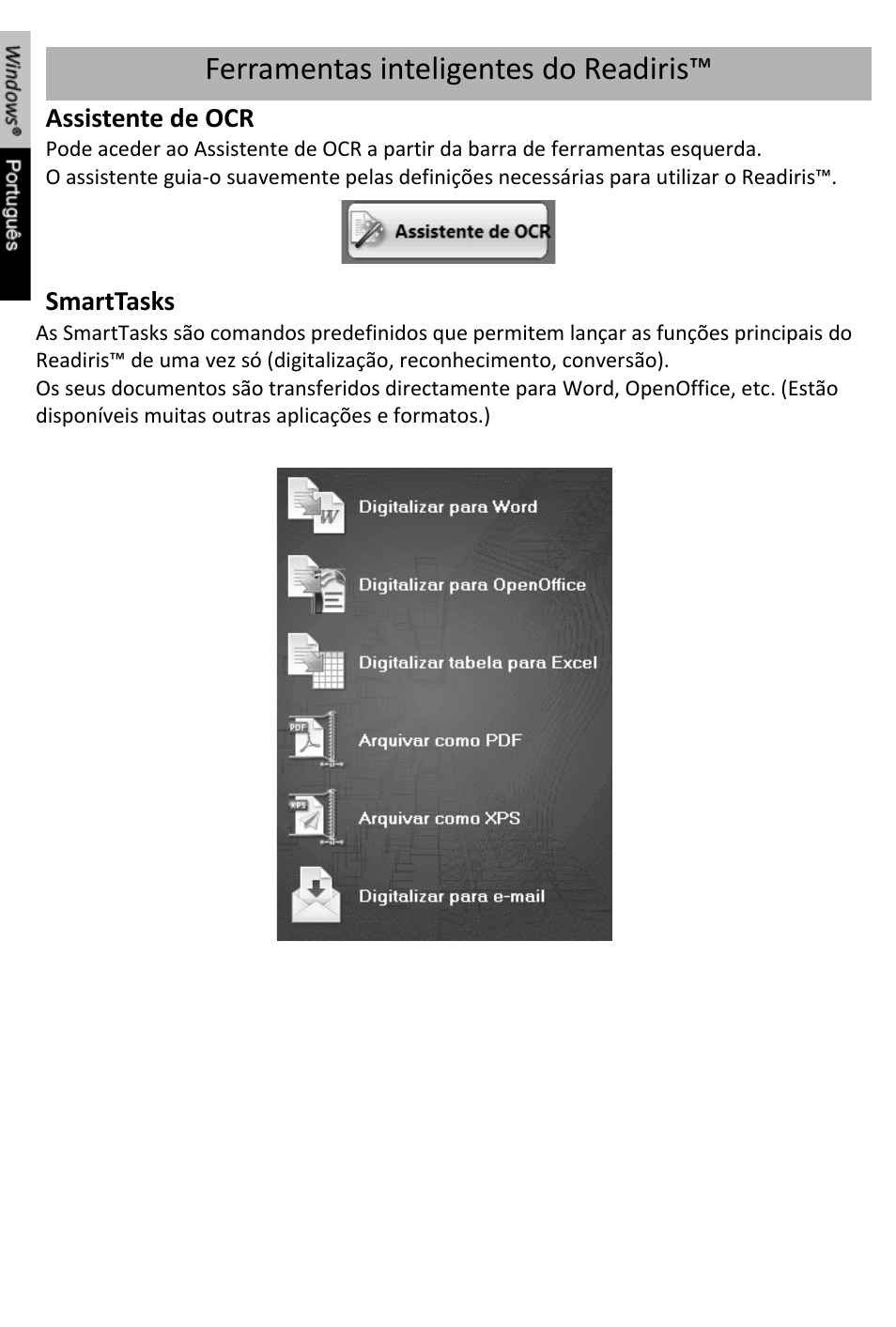 Ferramentas inteligentes do readiris, Assistente de ocr, Smarttasks | I.R.I.S. IRISCan Book 2 Executive for Windows User Manual | Page 25 / 37