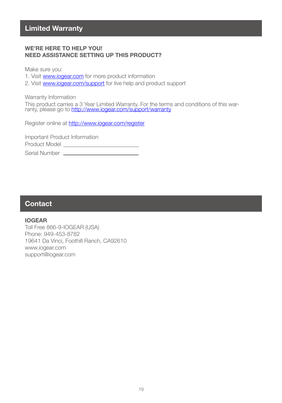 Limited warranty, Contact, Contact 19 | Contact limited warranty | IOGear GCE616U User Manual | Page 19 / 20