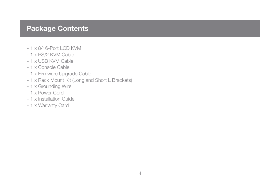 Package contents | IOGear GCL1816KITU User Manual | Page 4 / 80