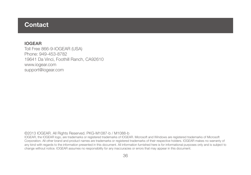 Contact | IOGear GCS1644 v2 User Manual | Page 36 / 38