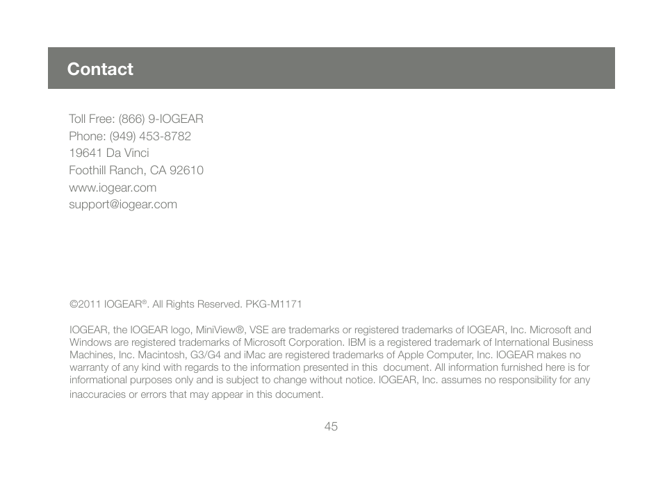 Contact | IOGear GCS1782G User Manual | Page 45 / 48