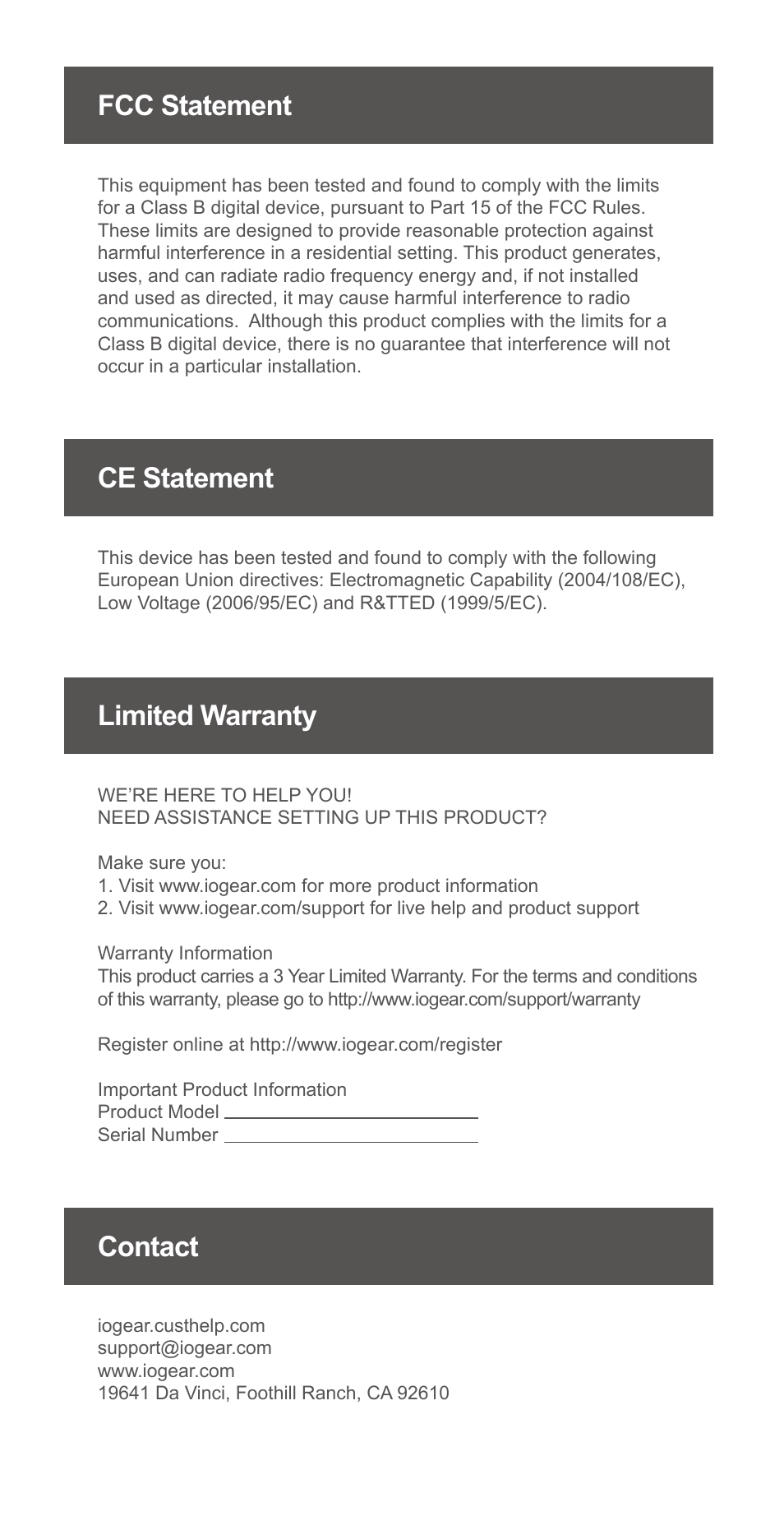 Limited warranty contact fcc statement, Ce statement | IOGear GKB631B User Manual | Page 7 / 7