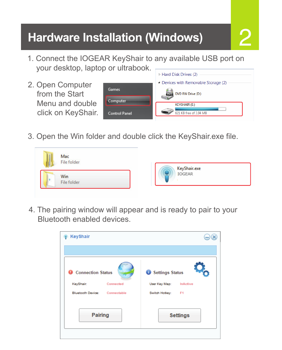 Hardware installation (windows) | IOGear GKMB02 Quick Start User Manual | Page 3 / 12