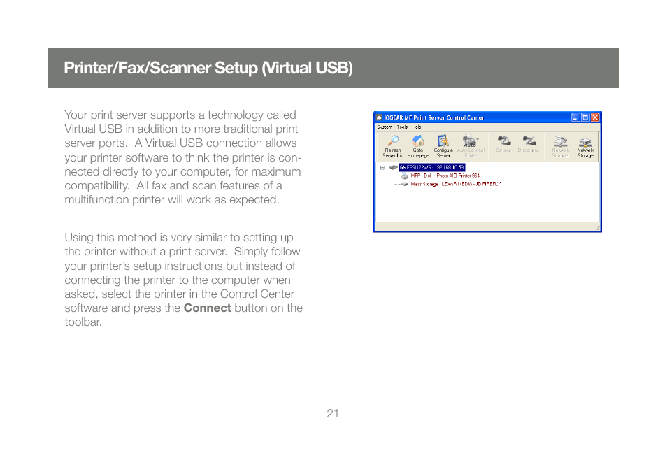 Printer/fax/scanner setup (virtual usb) | IOGear GMFPSU22W6 User Manual | Page 21 / 32