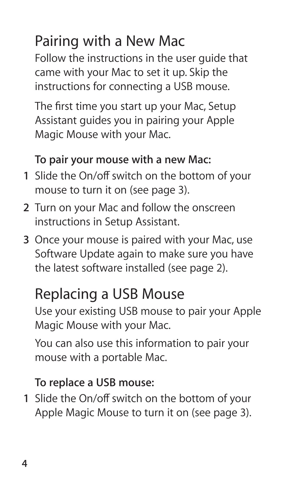 Pairing with a new mac, Replacing a usb mouse | Apple Magic Mouse User Manual | Page 4 / 16
