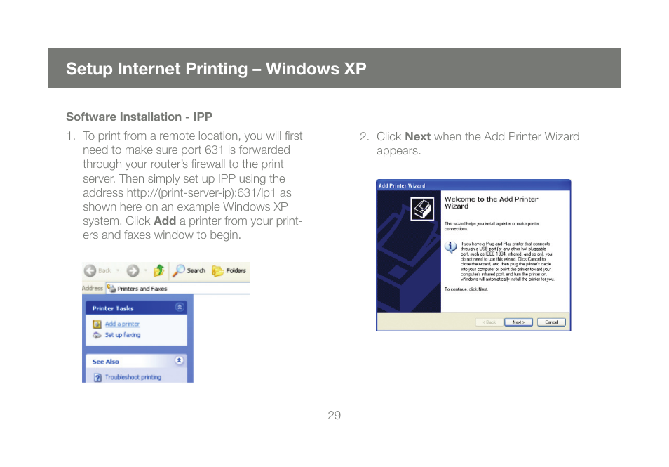 Setup internet printing – windows xp | IOGear GPSU21 User Manual | Page 29 / 48