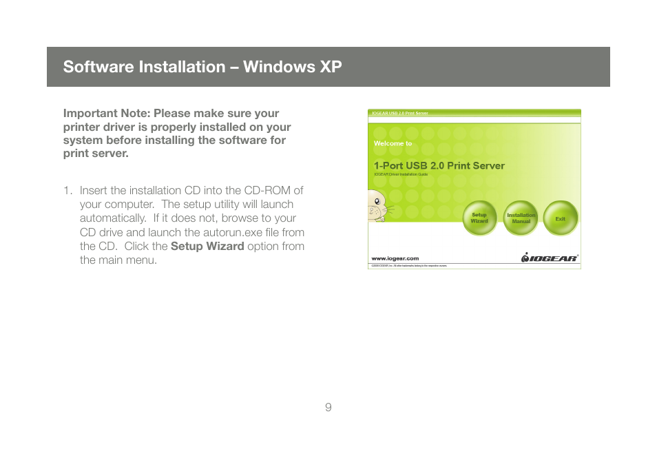 Software installation – windows xp | IOGear GPSU21 User Manual | Page 9 / 48