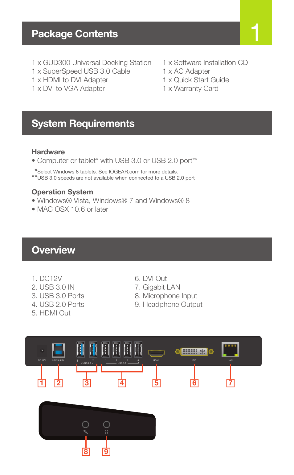 Package contents, Overview, System requirements | IOGear GUD300 User Manual | Page 2 / 8