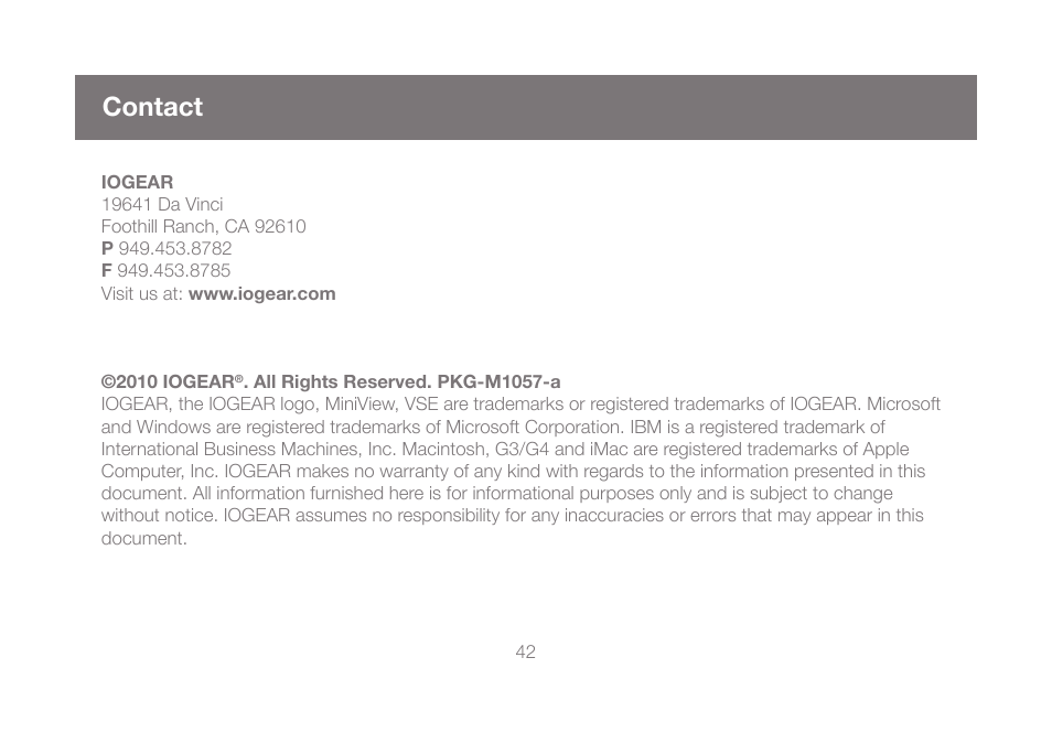 Contact | IOGear GUIP204 v2 User Manual | Page 42 / 44
