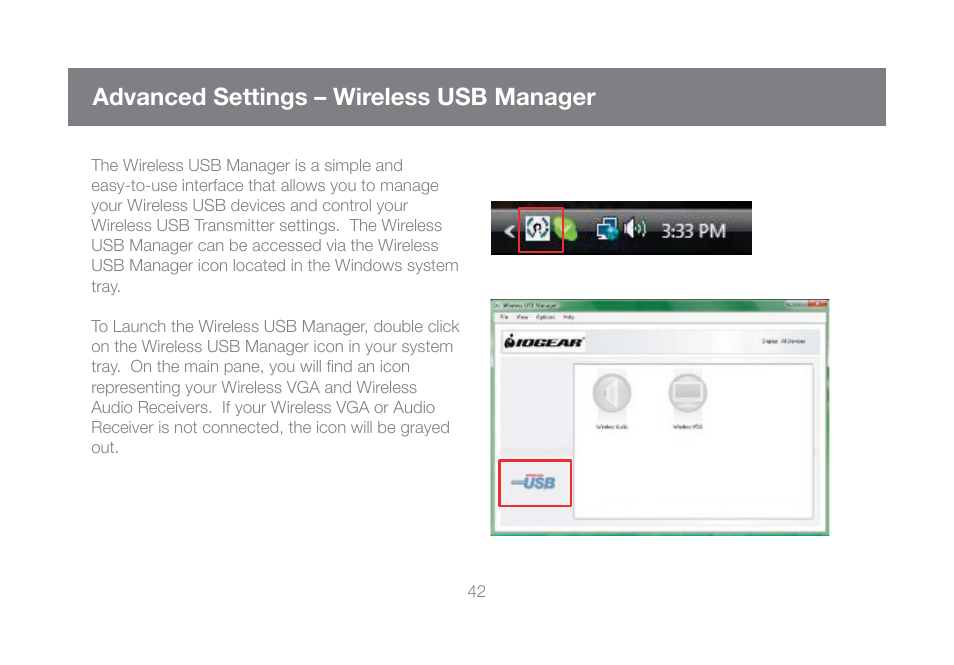Advanced settings – wireless usb manager, Advanced settings – wireless usb manager 42 | IOGear GUW101A User Manual | Page 42 / 72