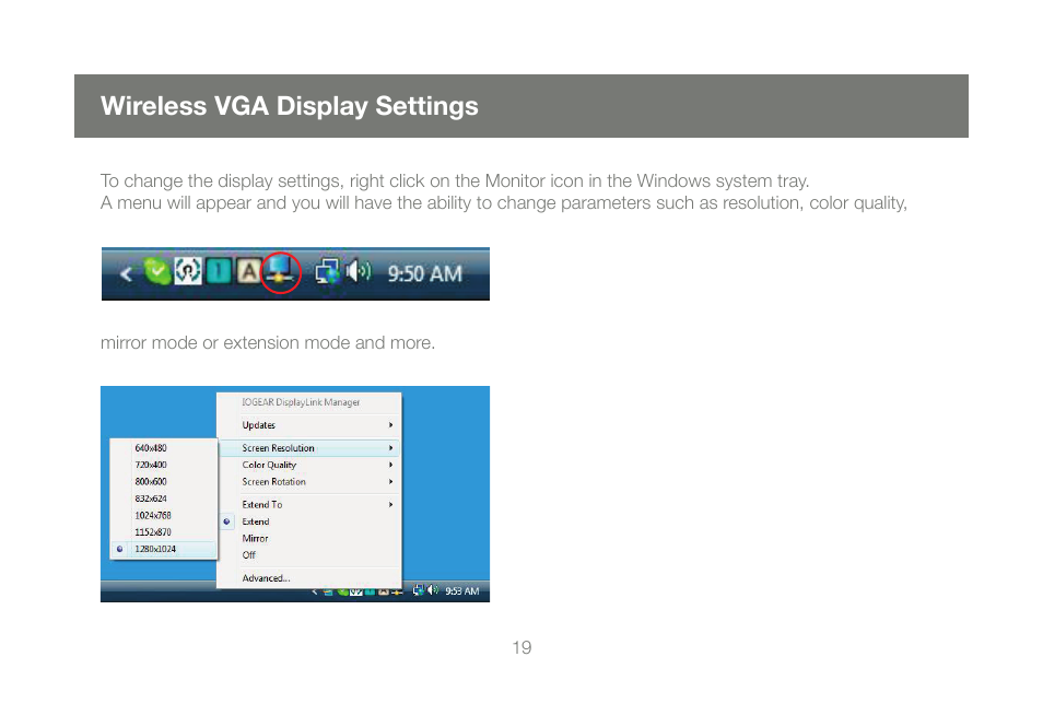 Wireless vga display settings | IOGear GUW2015VKIT User Manual | Page 19 / 44