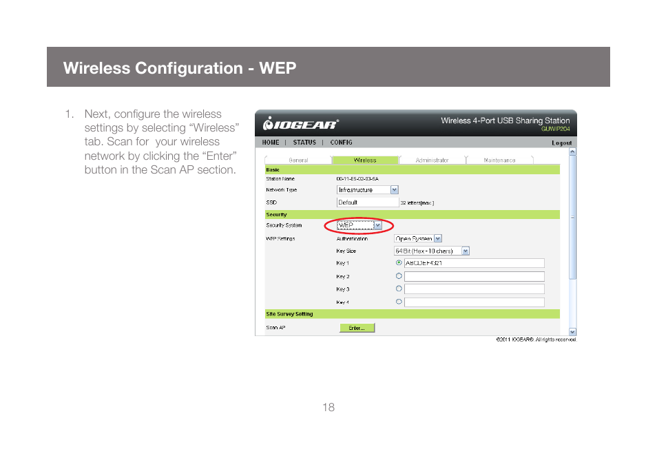 Wireless configuration - wep | IOGear GUWIP204 User Manual | Page 18 / 50