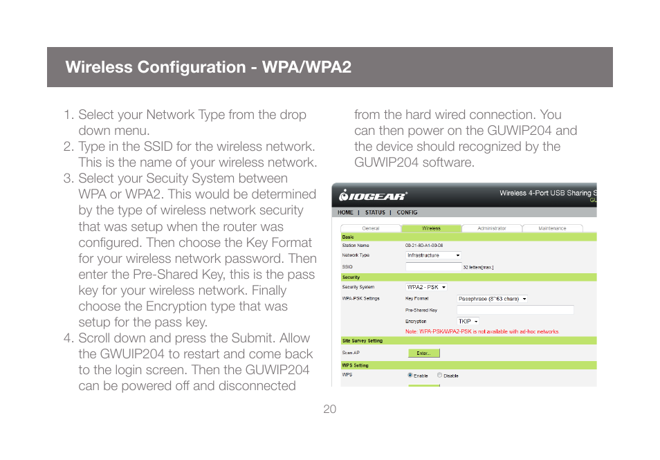 Wireless configuration - wpa/wpa2 | IOGear GUWIP204 User Manual | Page 20 / 50