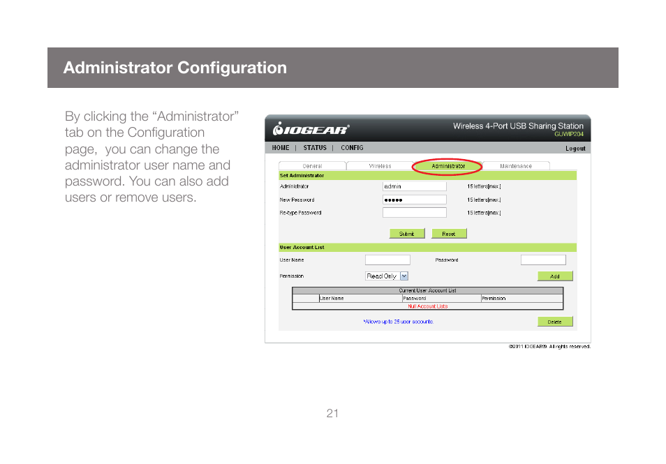 Administrator configuration | IOGear GUWIP204 User Manual | Page 21 / 50
