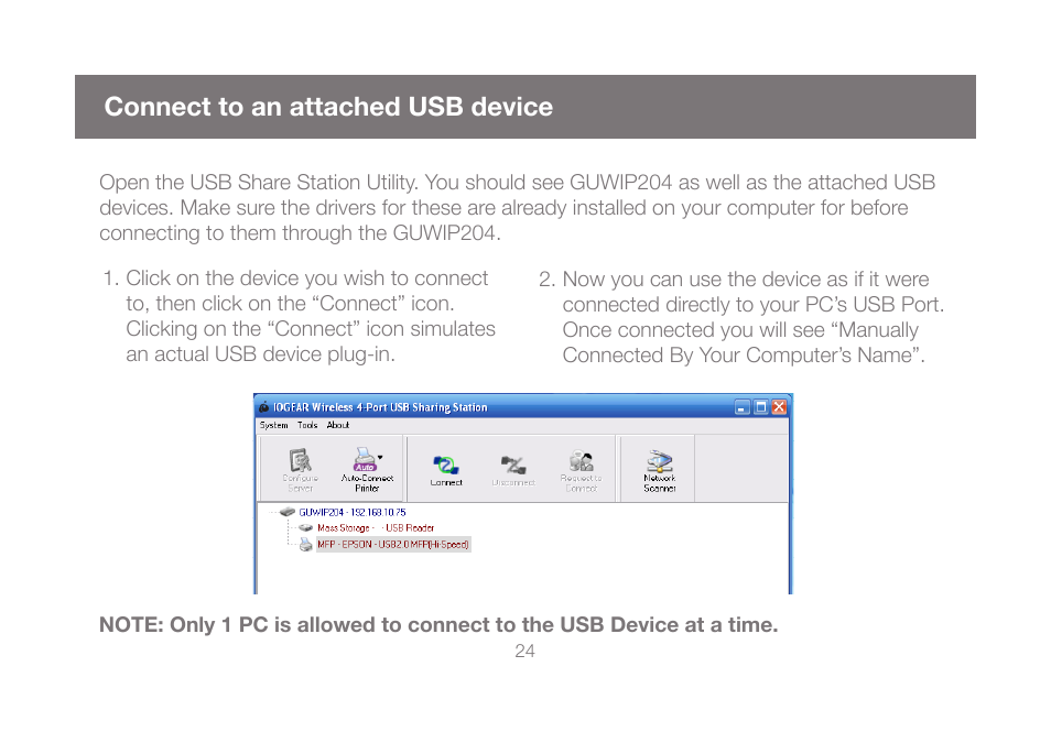 Connect to an attached usb device | IOGear GUWIP204 User Manual | Page 24 / 50