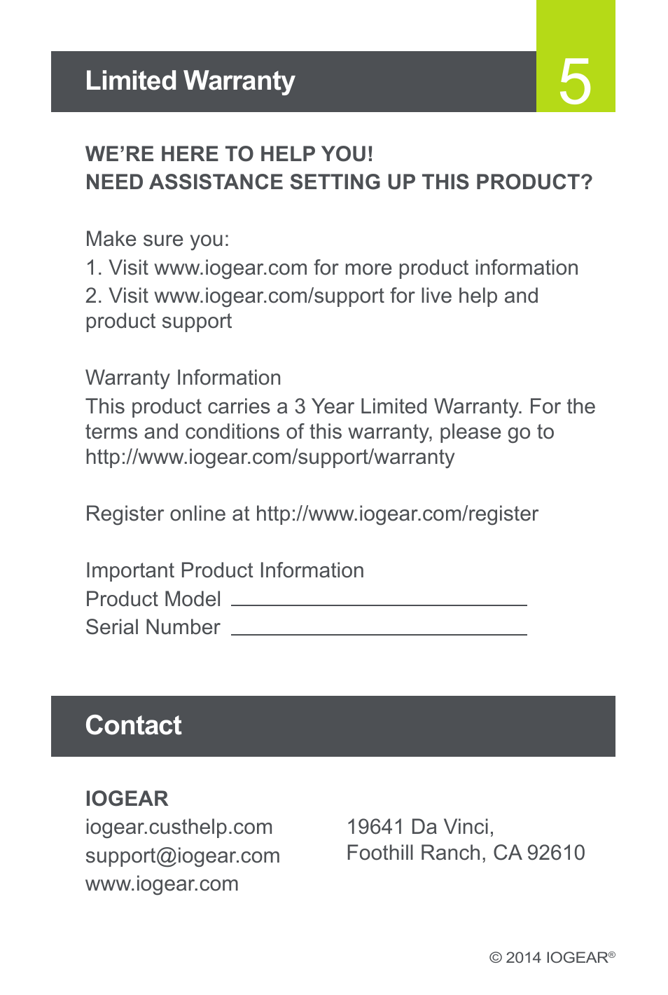 Limited warranty, Contact | IOGear GVC311 User Manual | Page 6 / 6