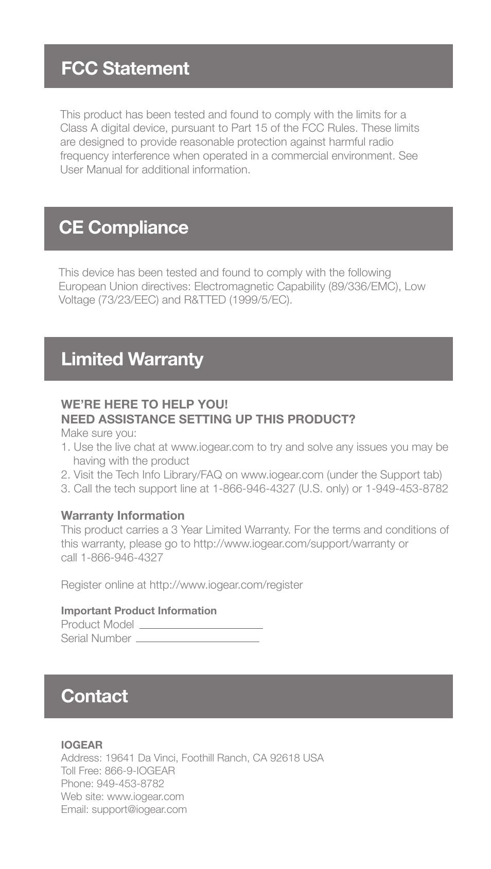 Limited warranty contact, Ce compliance, Fcc statement | IOGear GVE320 User Manual | Page 7 / 8