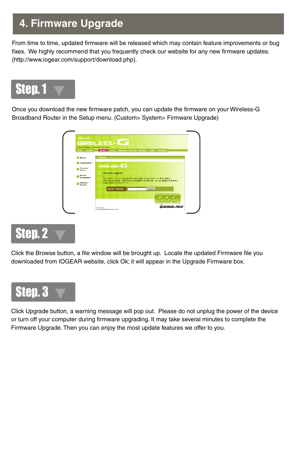 Step. 2 step. 3, Step. 1, Firmware upgrade | IOGear GWA502 Quick Start User Manual | Page 7 / 10