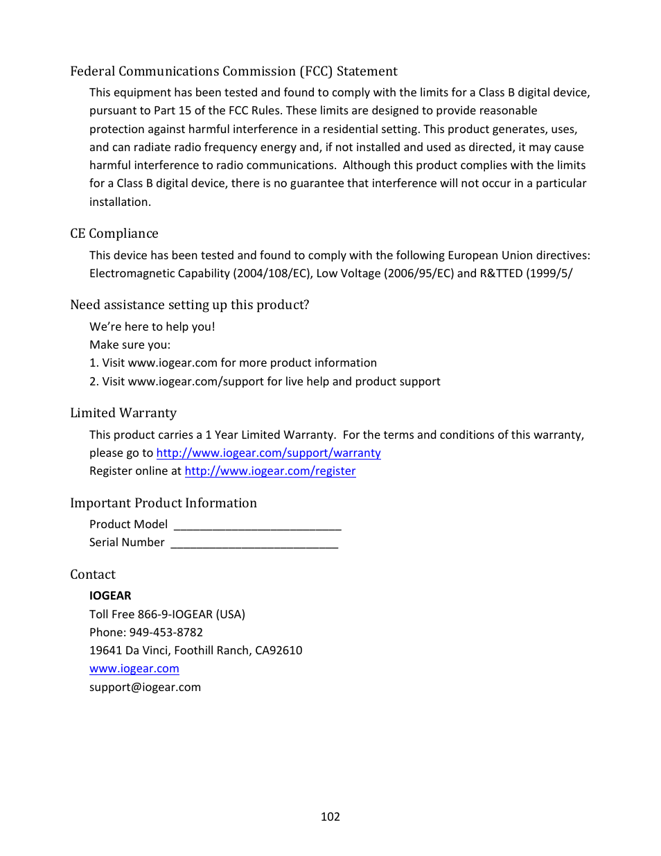 Federal communications commission (fcc) statement, Ce compliance, Need assistance setting up this product | Limited warranty, Important product information, Contact | IOGear GWFRSDU Manual User Manual | Page 102 / 103