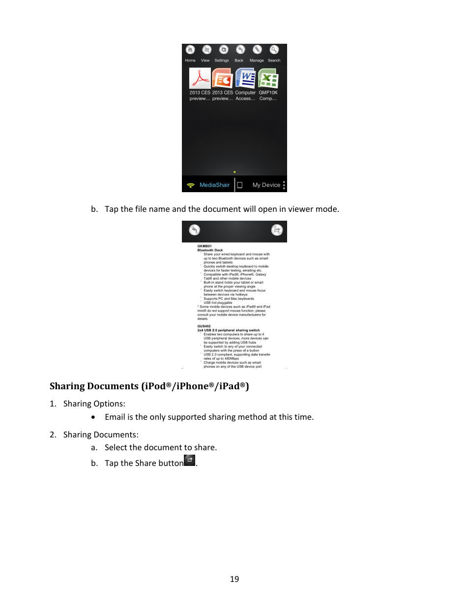 Sharing documents (ipod, Iphone, Ipad | Sharing options, Sharing documents | IOGear GWFRSDU Manual User Manual | Page 19 / 103